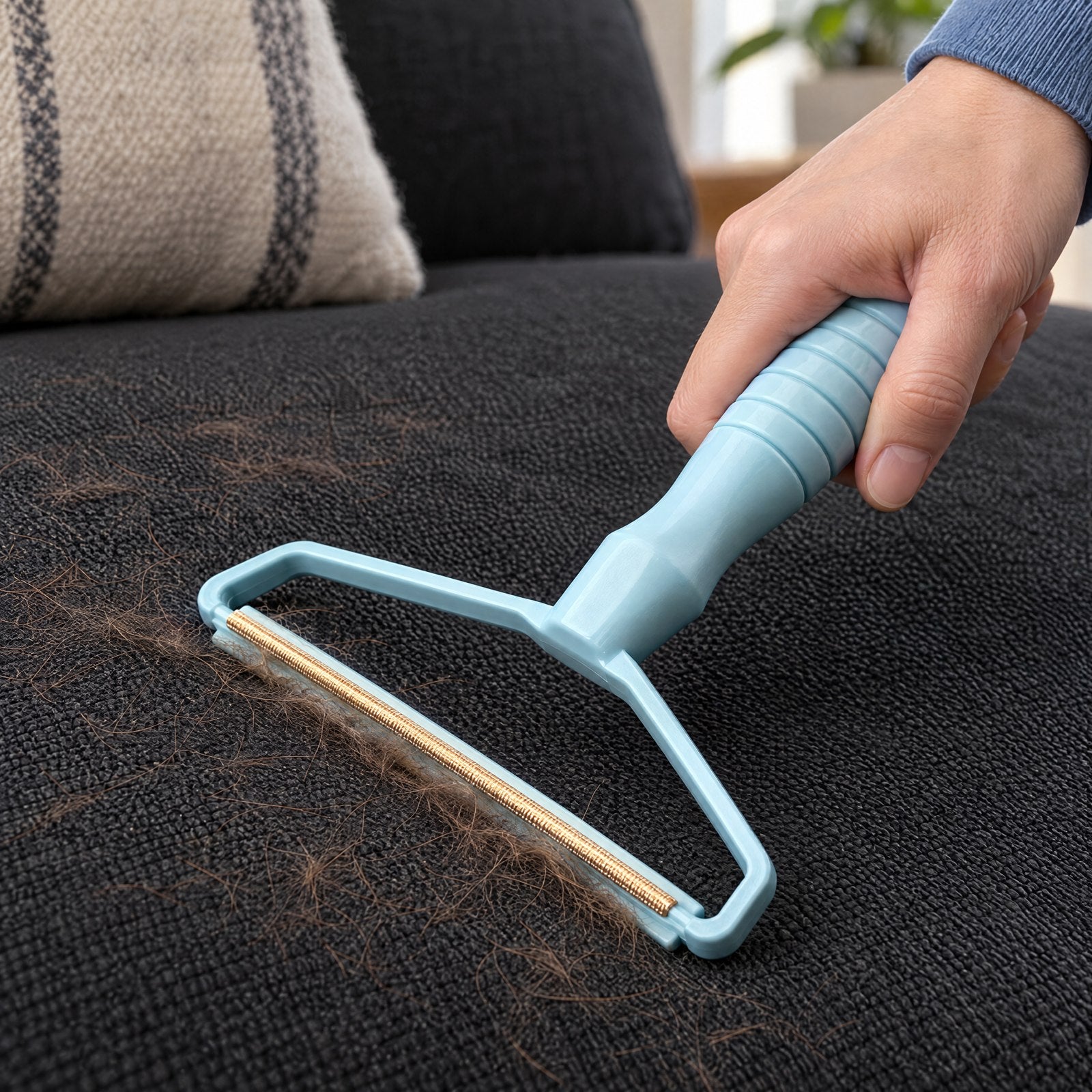 Blue scraper on black upholstery with brown hair
