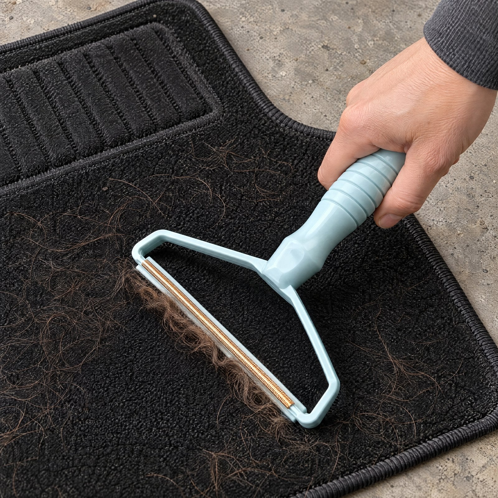 Blue scraper gathering brown hair on a black car mat