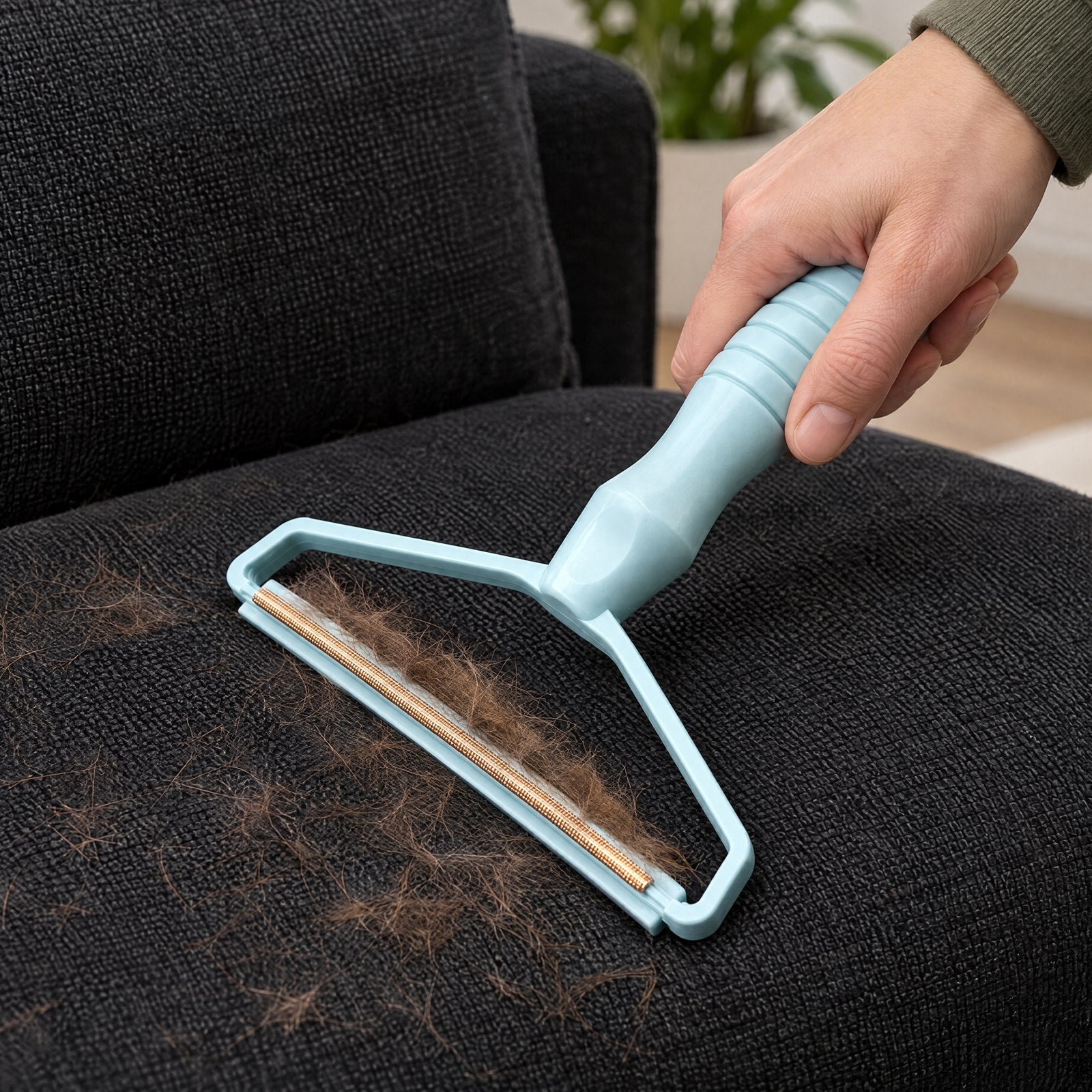 Blue scraper on fabric seating