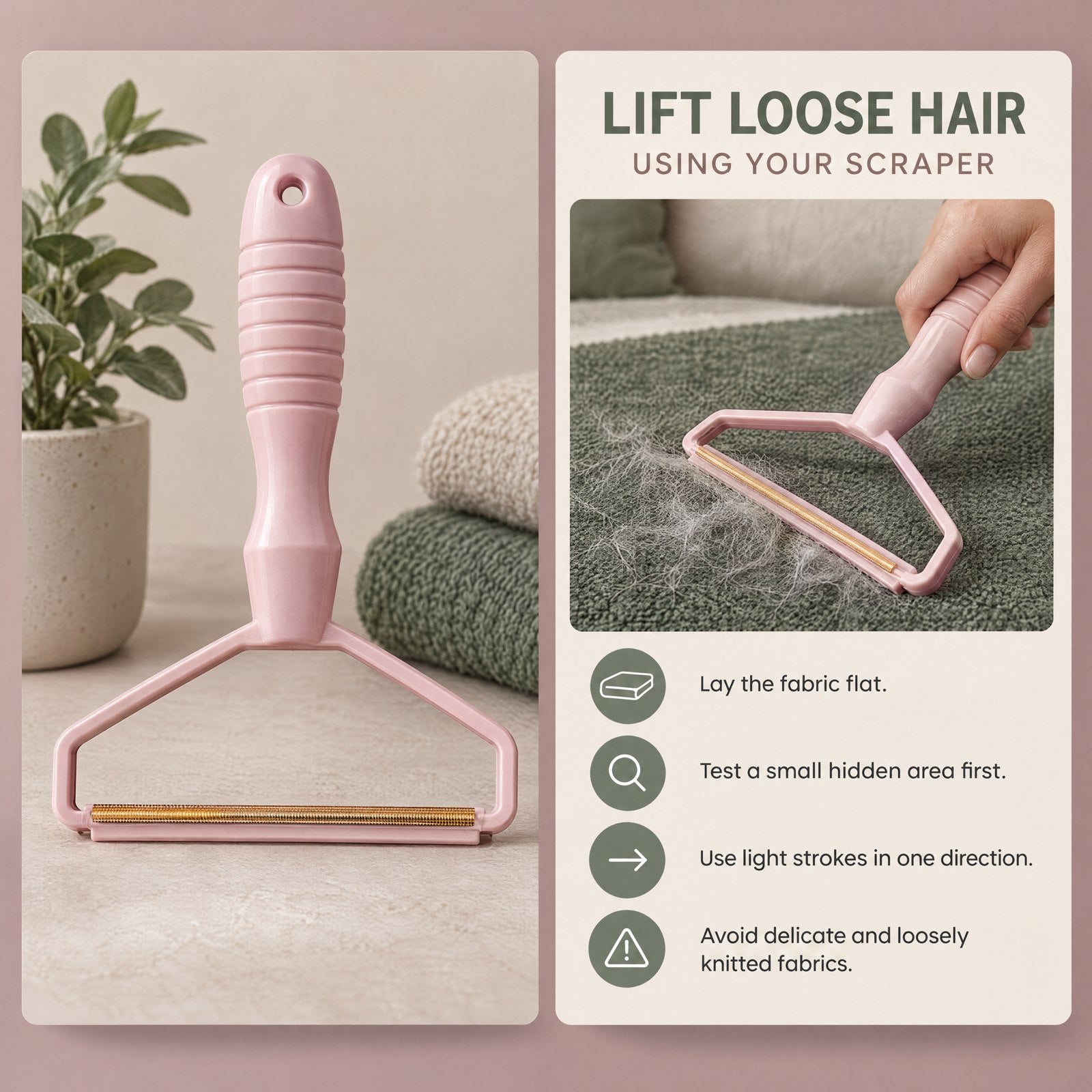 Pink scraper and care instructions