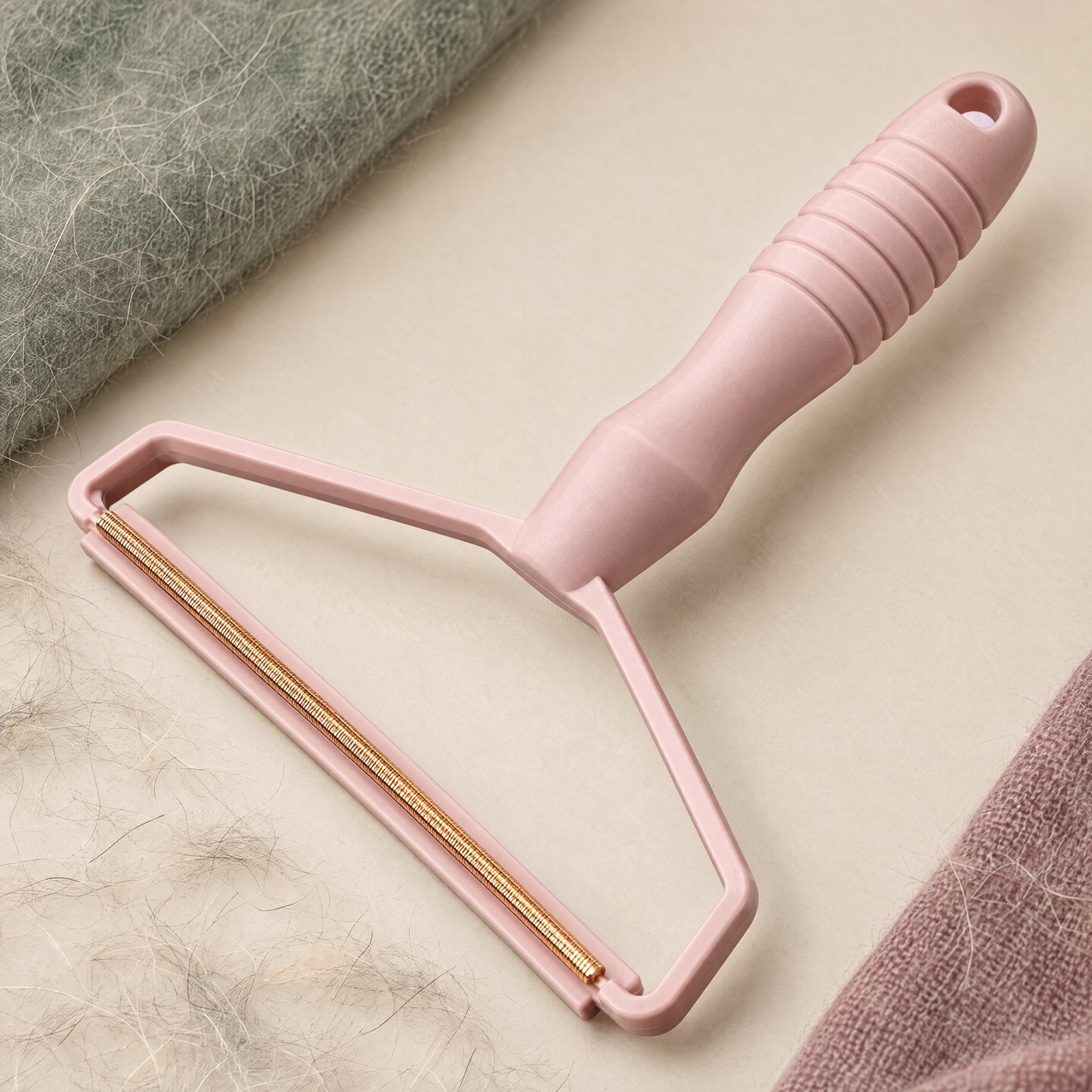 Pink scraper detail beside household fabrics