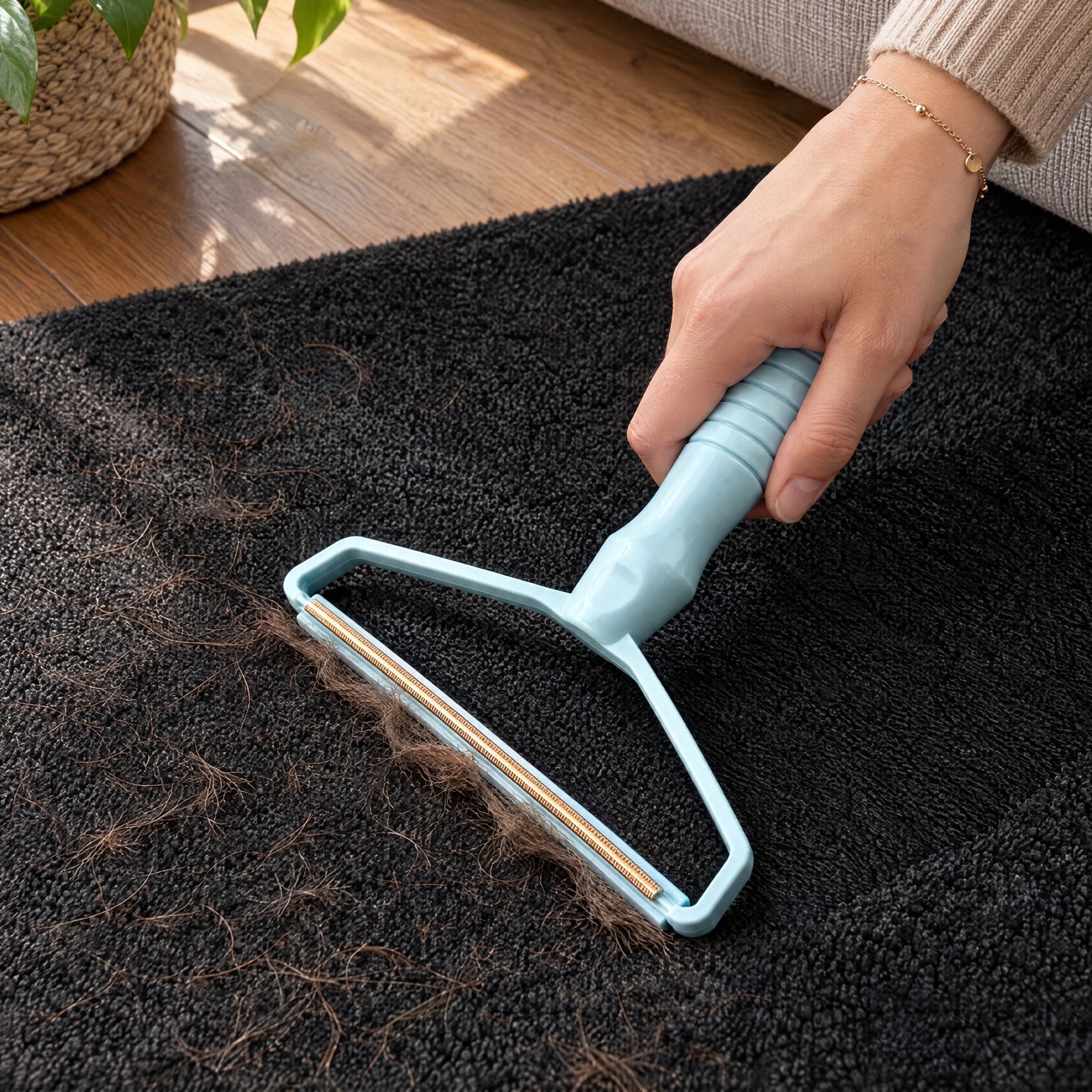 Blue Nivlumi scraper on a black rug