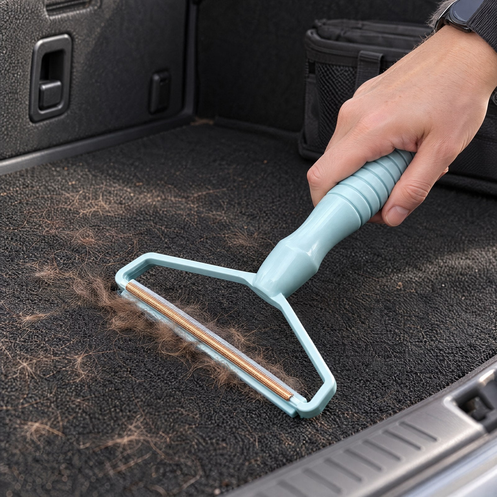 Blue scraper on dark car cargo carpeting