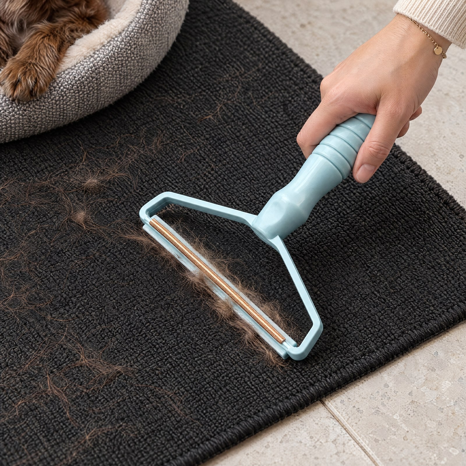 Scraper near a pet bed on a black rug