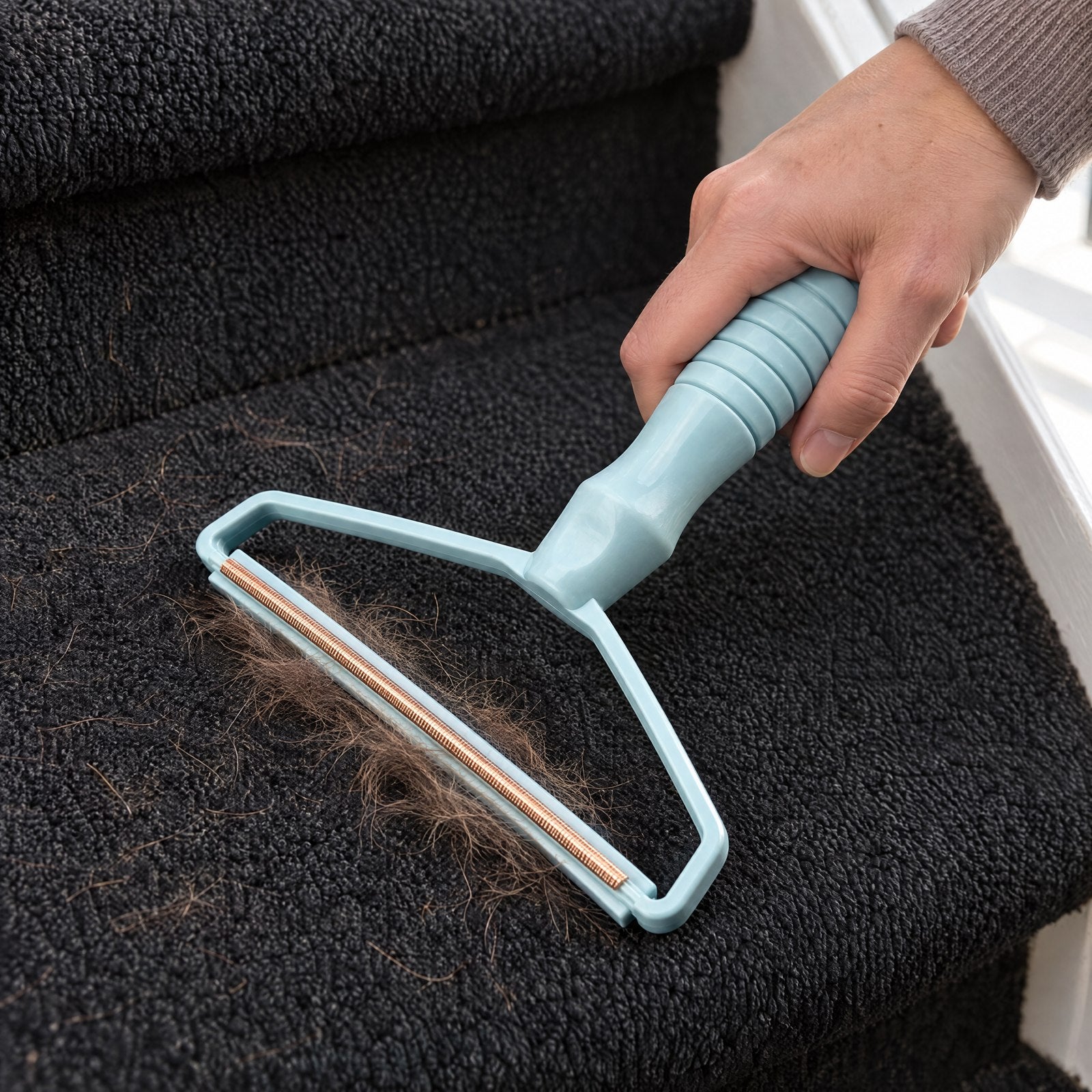 Blue scraper on a dark fabric step